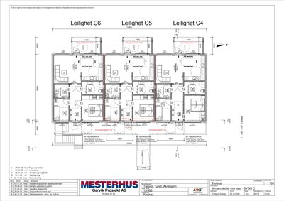 Etasjeplan for 2. etasje som viser romfordeling og dimensjoner for tre leiligheter (C4, C5 og C6).
