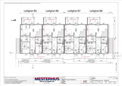 Etasjeplan (2. etasje) som viser romfordeling og plassering av fire leiligheter (B5-B8) i en bygning.