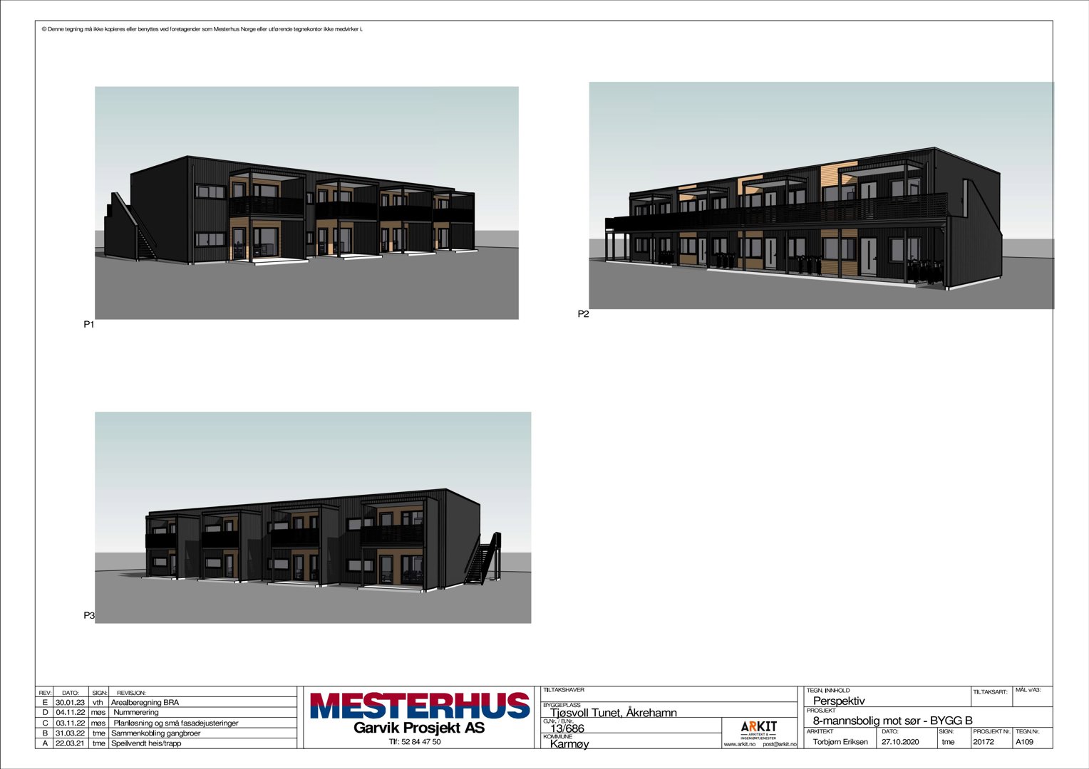 Tre perspektivbilde (P1, P2, P3) som viser fasade og volum av en planlagt bygning.