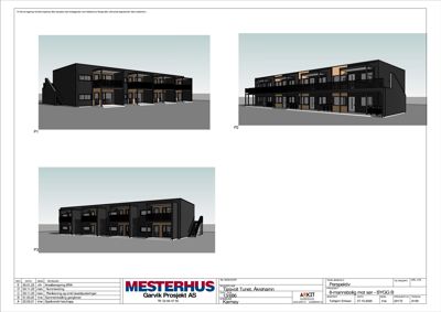 Tre perspektivbilde (P1, P2, P3) som viser fasade og volum av en planlagt bygning.