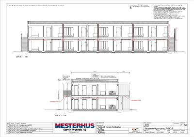 Snittegning (Snitt A og Snitt B) som viser tverrsnittet av en 8-mannsbohus med etasjer, romfordeling og konstruksjonsdetaljer.
