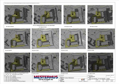 Fotografisk dokumentasjon av en bygning i ulike fasonger (utenom, halvskjult, innom) over tid.