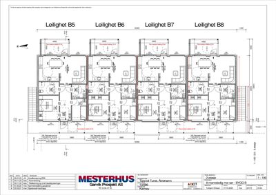 Etasjeplan for 2. etasje som viser romfordeling for fire leiligheter (B5-B8), med mål og tekniske notater.
