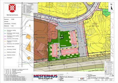 Situasjonsplan som viser eiendomsområder, bebyggelse og infrastruktur i Karmøy kommune.