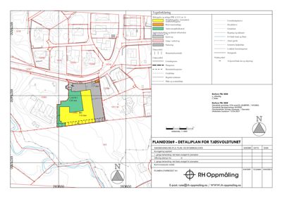 Detaljplan for Tjøsvoldtunet som viser tomtegrenser, arealer og reguleringer.