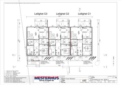 Etasjeplan for 1. etasje som viser romfordeling og plassering av tre leiligheter (C1, C2, C3).