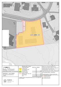 Gårdsplan (gardskart) som viser eiendomsdata, arealstatistikk og beliggenhet for eiendommen 1149-13/686/0.