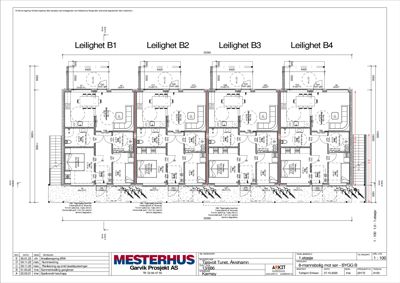 Etasjeplan for 1. etasje som viser romfordeling for fire leiligheter (B1-B4) og fellesarealer.
