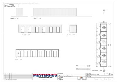 Fasadetegning og snitt for en bygning (Bok7) med oppgitt mål, romareal og etasjeopplysninger.