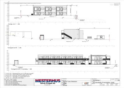 Snittegning som viser bygningens tverrsnitt, terrengforhold og innvendig oppdeling.