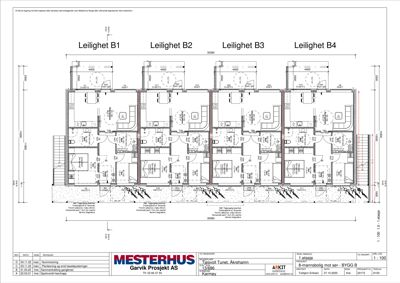 Etasjeplan for 1. etasje som viser romfordeling for fire leiligheter (B1-B4), trapperom og tekniske rom.