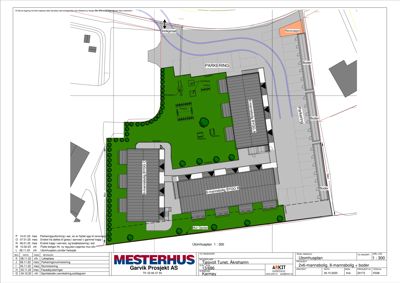 Etasjeplan (topplan) som viser romfordeling, parkeringsareal, uteområder og bygningers plassering på tomten.