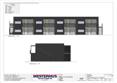 Fasadetegning som viser bygningens utseende fra to sider (mot sør og mot øst) med detaljer om vinduer, balkonger og fasadematerialer.