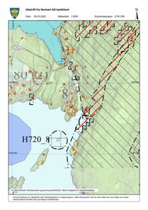 Kartutsnitt fra Norkart AS som viser topografi, vannmasser, eksisterende bebyggelse og koordinatsystem (UTM 32N).