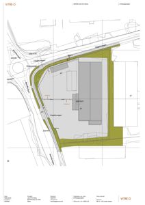 Situasjonsplan som viser tomtens grenser, bygningers plassering, veier og innkjøringsarealer.