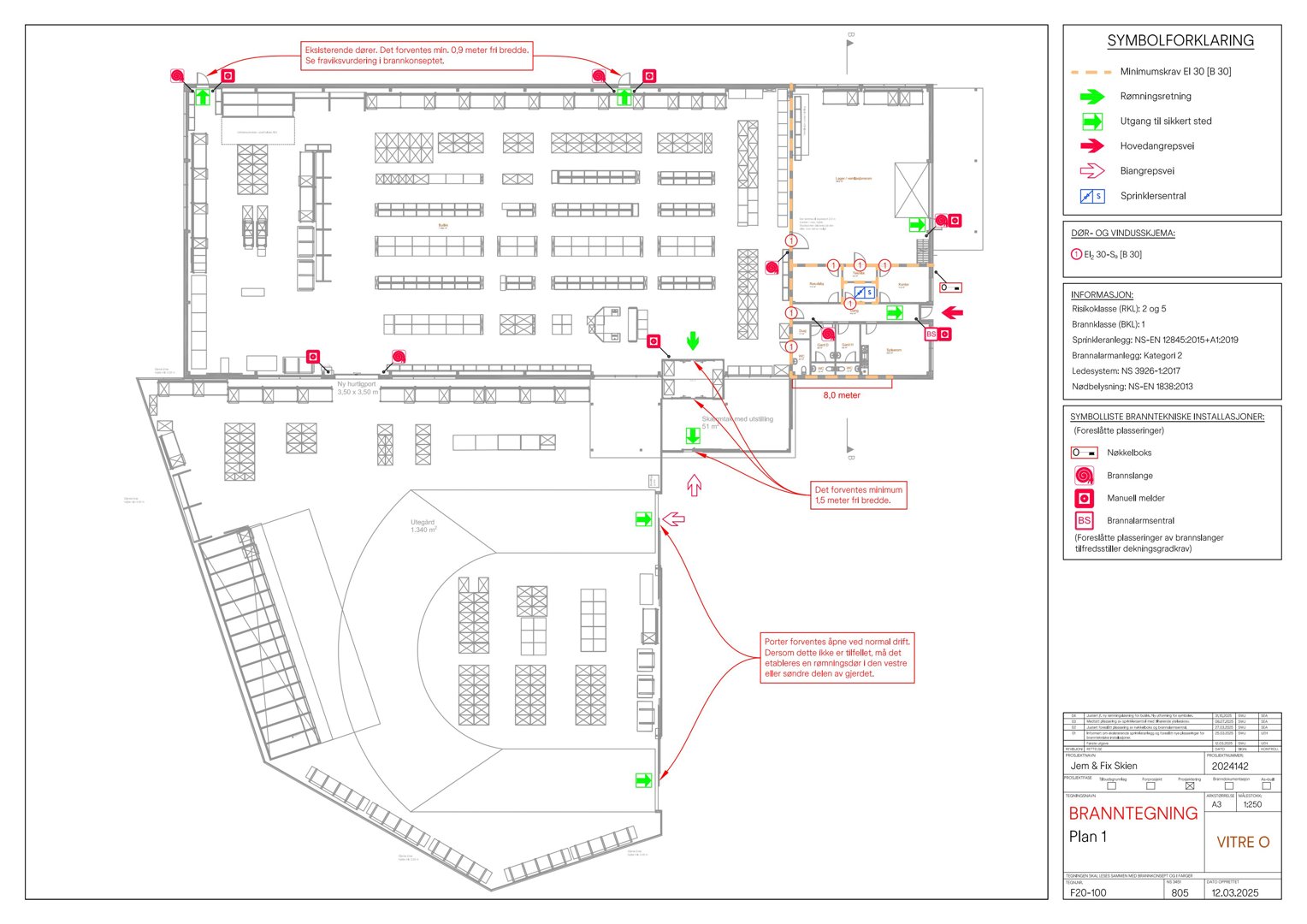 Etasjeplan (Plan 1) med symbolforklaring for brannsikring, utganger og nødsted.
