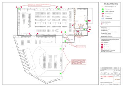 Etasjeplan (Plan 1) med symbolforklaring for brannsikring, utganger og nødsted.