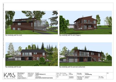 Bildet viser fire 3D-visualiseringer (renderinger) av en planlagt enebolig sett fra ulike vinkler (nord, øst, sør, sørvest).