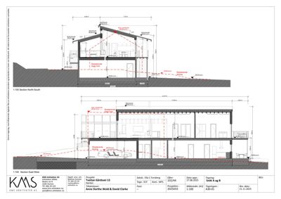 Snittegning (Section) som viser bygningens tverrsnitt i to retninger: Nord-Sør og Øst-Vest. Tegningen inkluderer detaljer om høyder, takhøyder, grunnforhold og innvendig romfordeling.