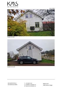 Fotografier av en eksisterende bygning (hvit tømmerhytte) sett fra to ulike vinkler (øst og vest).