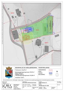 Situasjonsplan som viser tomtens grenser, naboeiendommer, eksisterende og planlagt bygning, arealregulering og tomtegrenser.