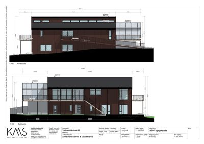 Tegning som viser Nord- og sydfasade til en bygning med mål og detaljer.
