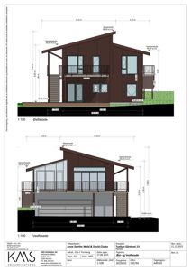Tegning som viser Øst- og Vestfasade på en bygning med mål og høyder.