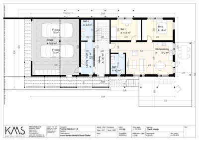 Etasjeplan (Plan 1. etasje) som viser romfordeling, dimensjoner og areal for en bolig.