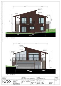 Fasadetegning som viser Øst- og Vestfasade med mål og høyder.