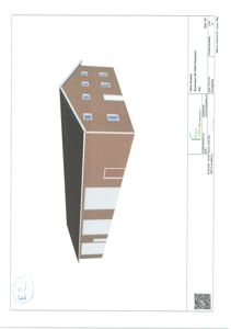 3D-visualisering (rendering) av en planlagt bygning sett fra en vinkel som viser fasade og tak.