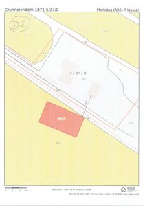 Situasjonsplan (tomtekart) som viser grunneiendom 1871-5/27/0 med arealoppdelinger, eiendomsnummer og NIBIO-logo.