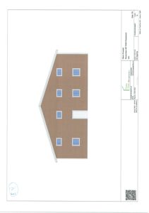 Fasadetegning som viser fronten på en bygning med vinduer og dør.