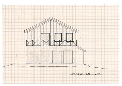 En håndtegnet fasadetegning (opprikk) av en bygning sett fra sør, med skriftlig merking 'NY FASADE - SØR 1:50'.