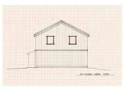 En håndtegnet fasadetegning (oppriss) av en bygning sett fra nord, med skriftlig merking 'NY FASADE - NORD 1:50'.