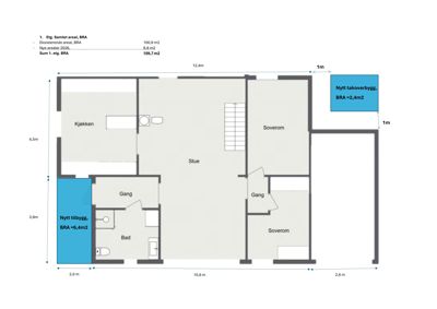 Etasjeplan for 1. etasje som viser romfordeling (kjøkken, stue, soverom, bad), dimensjoner og planlagte tilbygg.