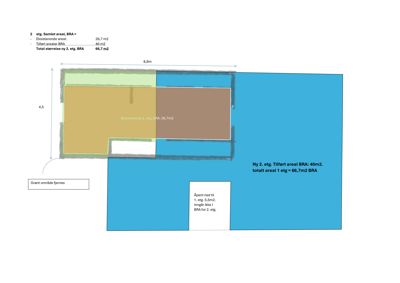 Etasjeplan for 2. etasje som viser eksisterende og nytt areal (BRA) med mål og romfordeling.