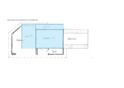 Et håndtegnede etasjeplan som viser romfordeling for en garasje, verksted og bod, med angitte arealer.
