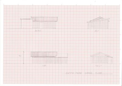 Fasadetegning som viser bygningens utseende fra fire sider (Nord, Øst, Sør, Vest).