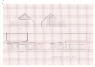 Fasadetegning som viser bygningens utseende fra fire sider (Nord, Sør, Øst, Vest) med skriftlig merking 'GAMMEL FASADE HUS 1:100'.
