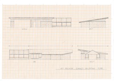 Fasadetegning som viser bygningens utsyn fra fire sider (Nord, Øst, Sør, Vest) med skisse over materialbruk og form.