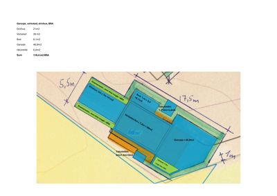 Situasjonsplan som viser plassering av en garasje, verksted, drivhus og bod på en tomt, med angitte mål og arealer.