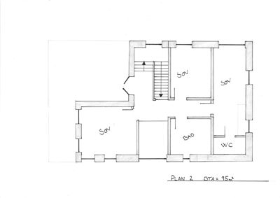 En håndtegnet etasjeplan (PLAN 2) som viser romfordeling, vegger, dører, trapp og bad (BAD), WC og soverom (SON).