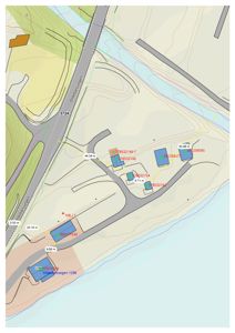 Situasjonsplan som viser tomtene, bygninger, veier (Oldebakstegen) og høydemålinger i et område.