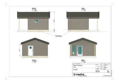 Fasadetegning som viser bygningens utseende fra alle fire sider (Nord, Sør, Vest, Øst) med mål og detaljer.