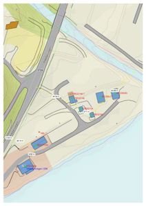 Situasjonsplan som viser tomtene, bygninger, veier (Oldebakstegen) og høydemålinger i et område.