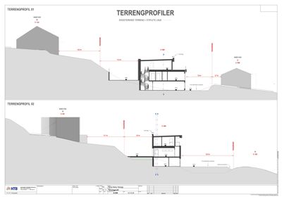 Snittegning som viser terrengprofil, høydemål og bygningens plassering i forhold til terrenget.