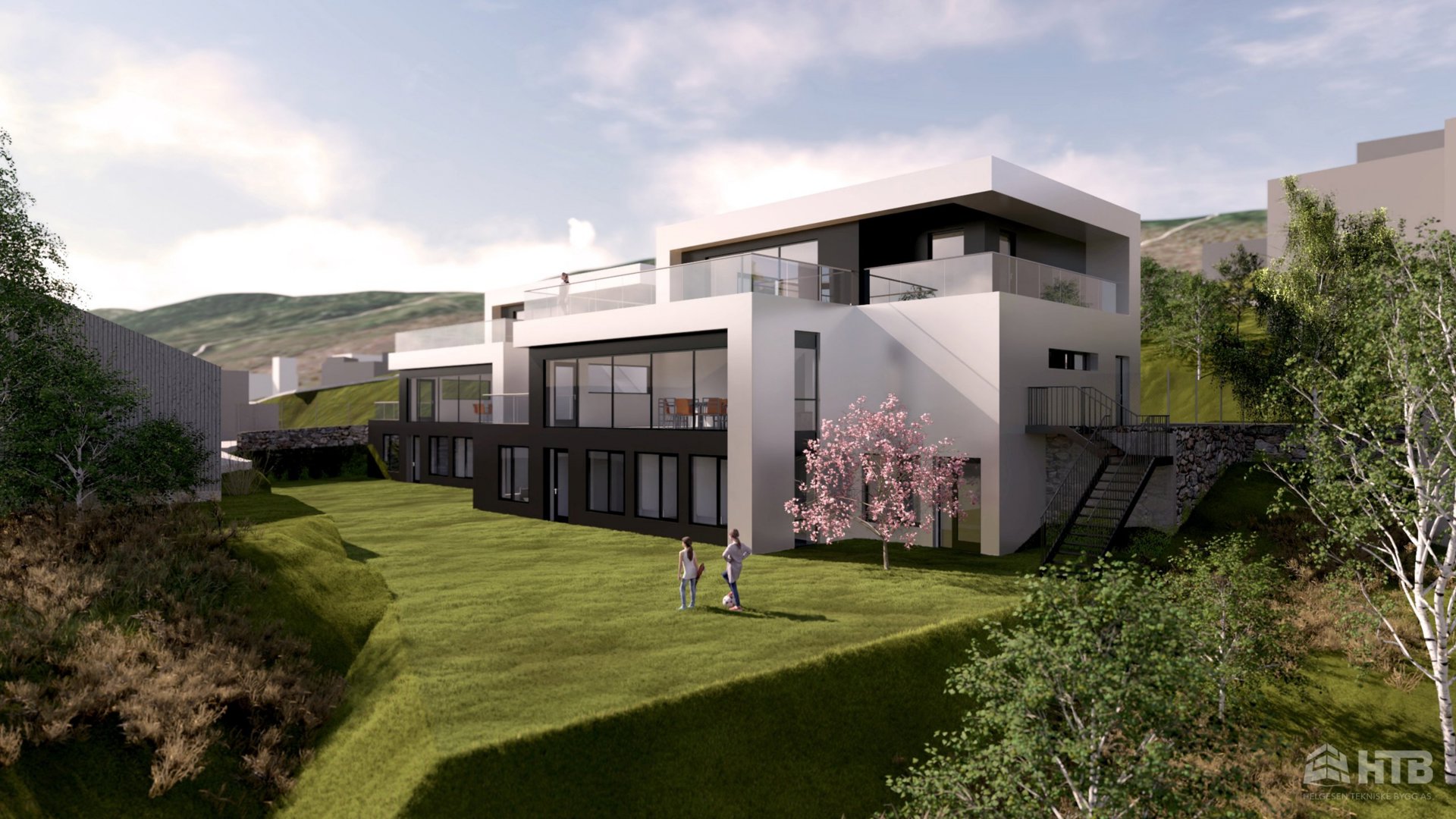 3D-visualisering av en moderne villa sett fra utsiden, inkludert omgivelser, terreng og personer for skala.