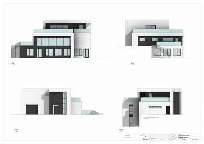 Fasadetegning som viser bygningens utseende fra fire sider (Øst, Sør, Vest, Nord).