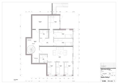 Etasjeplan for kjellerbolig 1 med romfordeling, dimensjoner og arealoppdelinger.
