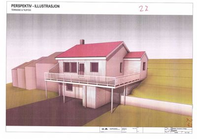 3D-visualisering (perspektiv) av en husfasade med terrasse og tilbygg.